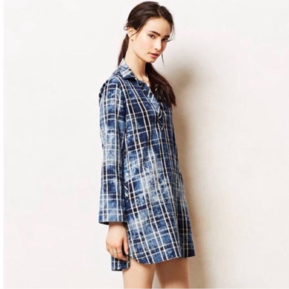Anthropologie Cloth & Stone Blue Plaid Bleached Shirtdress Size XS‎